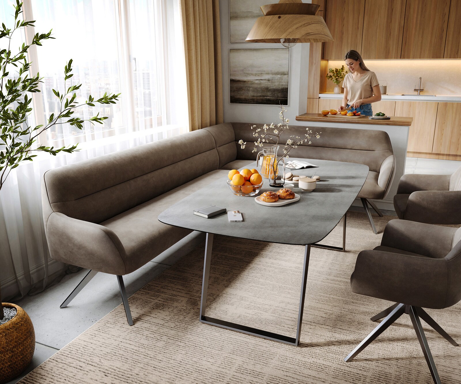 Eetkamerbank Taya-Flex 285x190 cm microvelours taupe vintage hoekig kruisframe grafiet pocketvering rechts 1