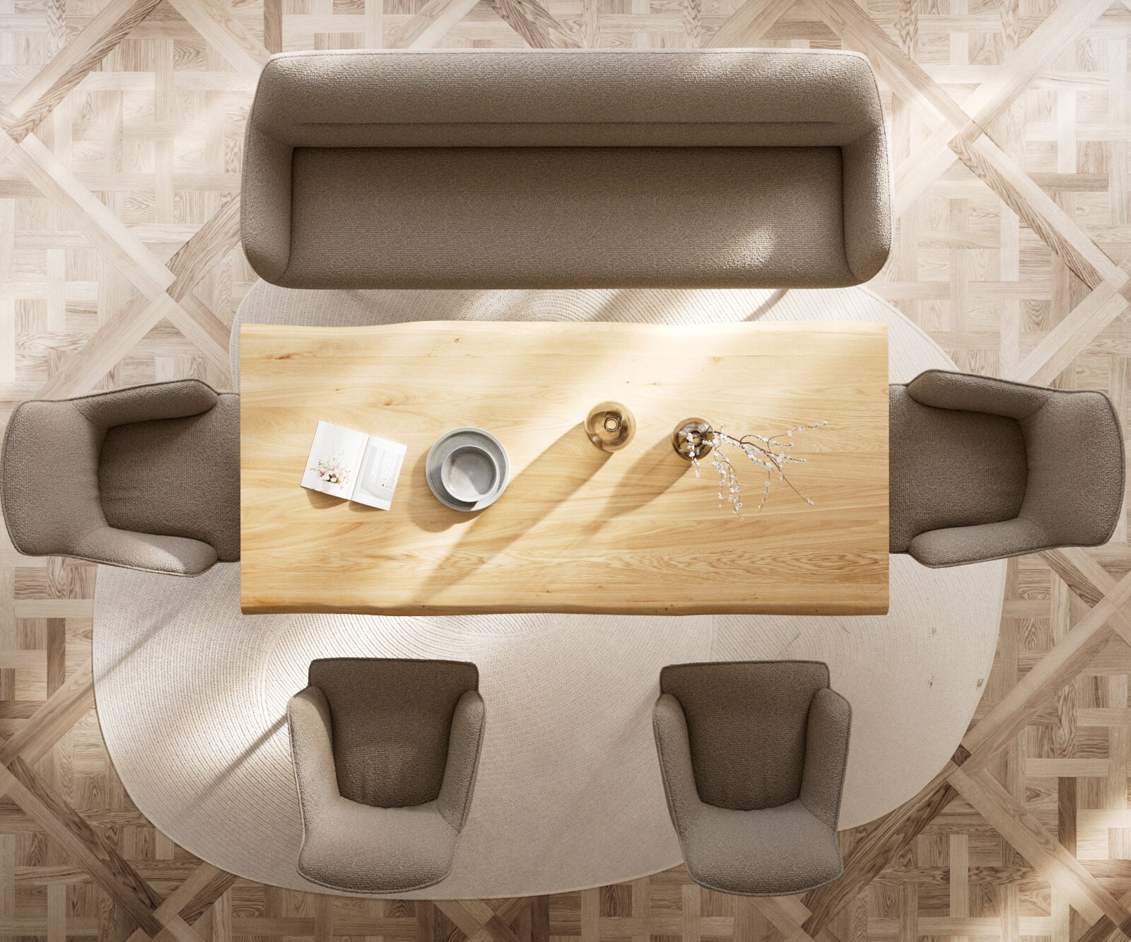 Eetkamerbank Taya-Flex 200 cm bouclé mud hoekig kruisframe afwerking met titaniumeffect pocketvering 5