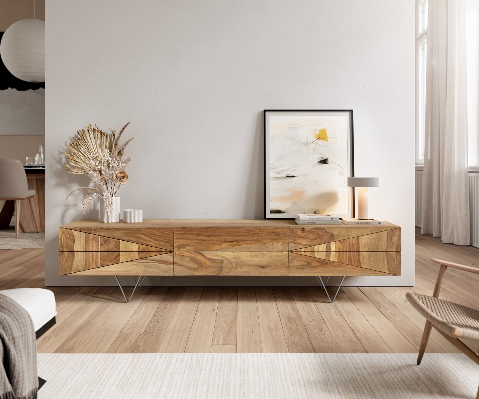 Designer TV-meubel Wyatt 175 cm sheesham natuur 3 lades Designer TV-meubel Wyatt 175 cm sheesham natuur 3 lades