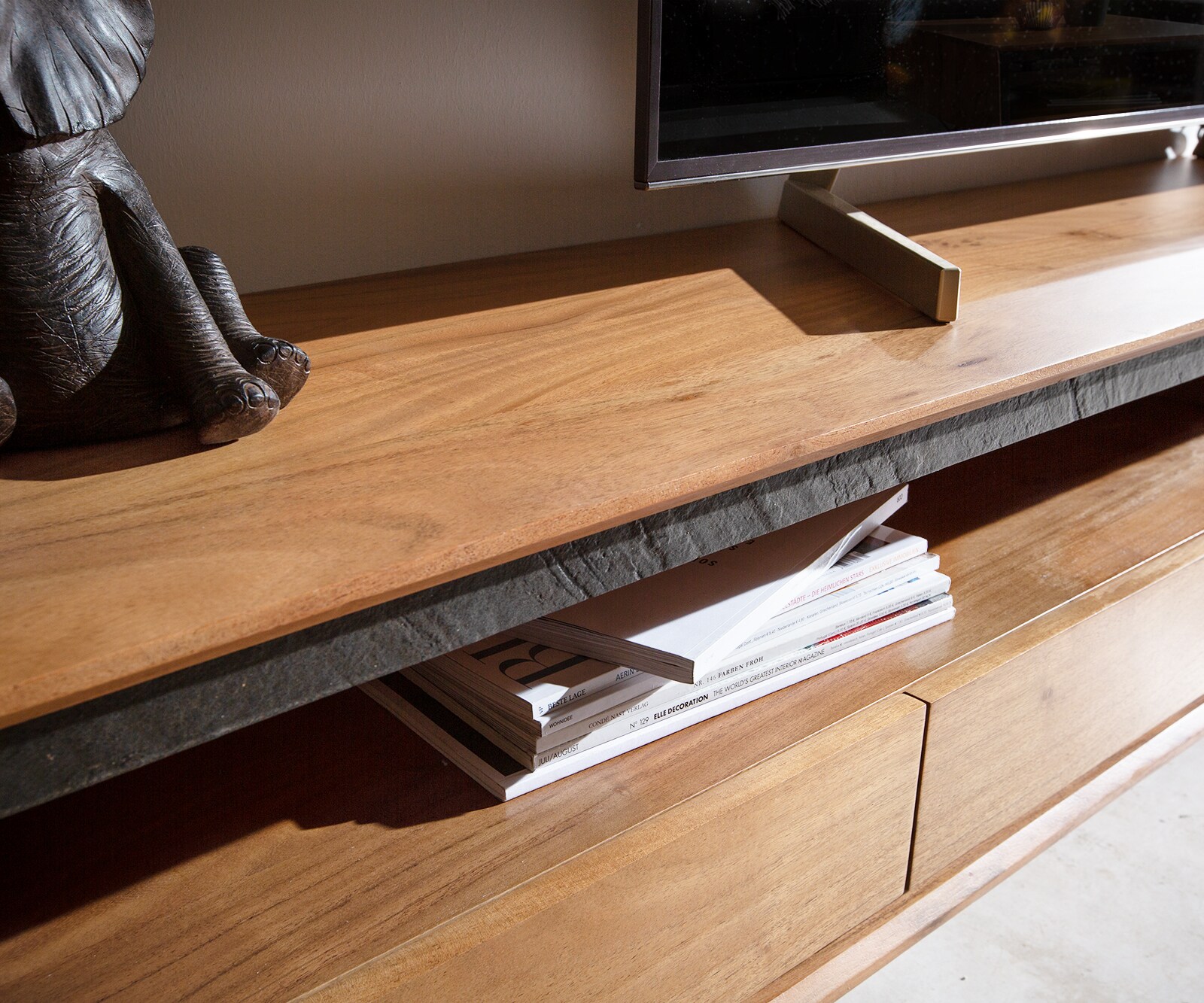 Tv-meubel Stonegrace 240 cm acacia natuur 2 vakken 4 laden steenfineer zwevend 3 Tv-meubel Stonegrace 240 cm acacia natuur 2 vakken 4 laden steenfineer zwevend 3