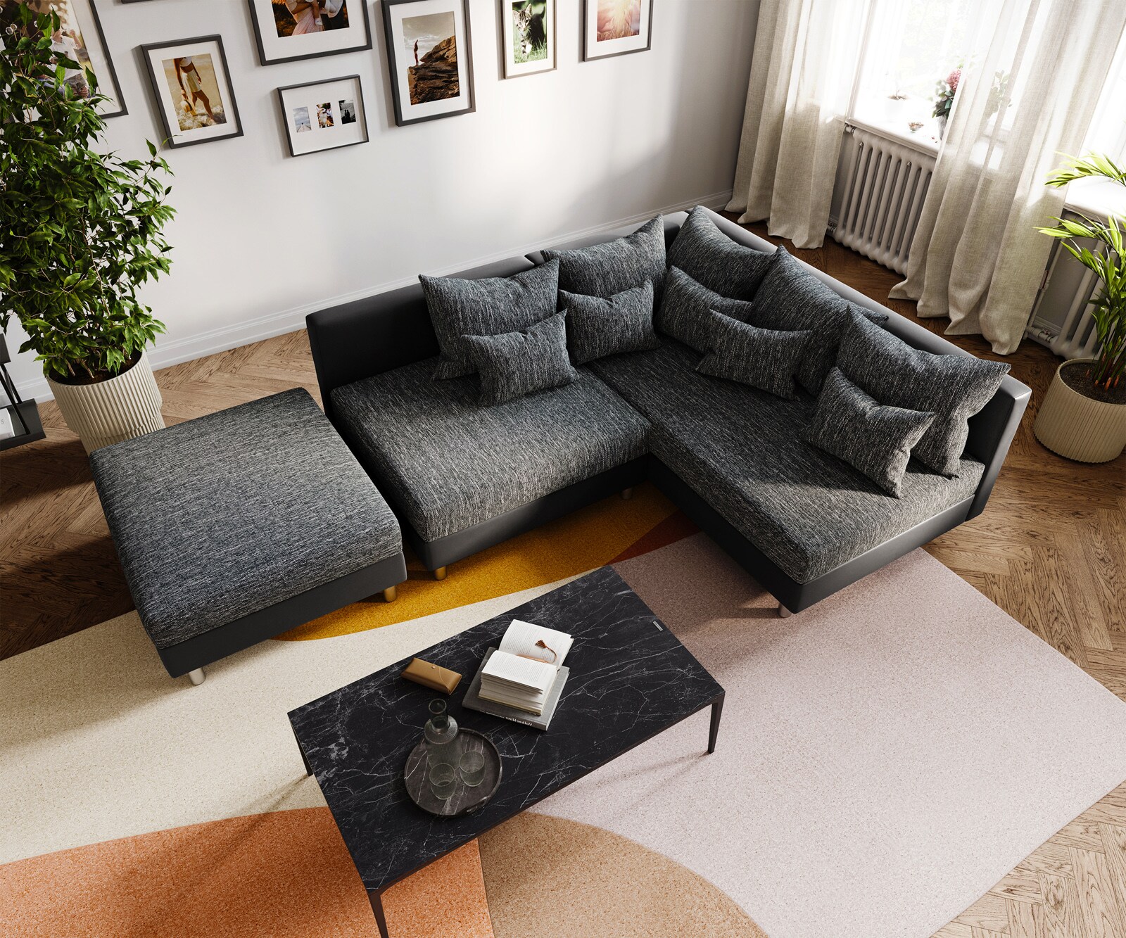 Hoekbank Clovis zwart met hocker ottomane rechts modulair 4