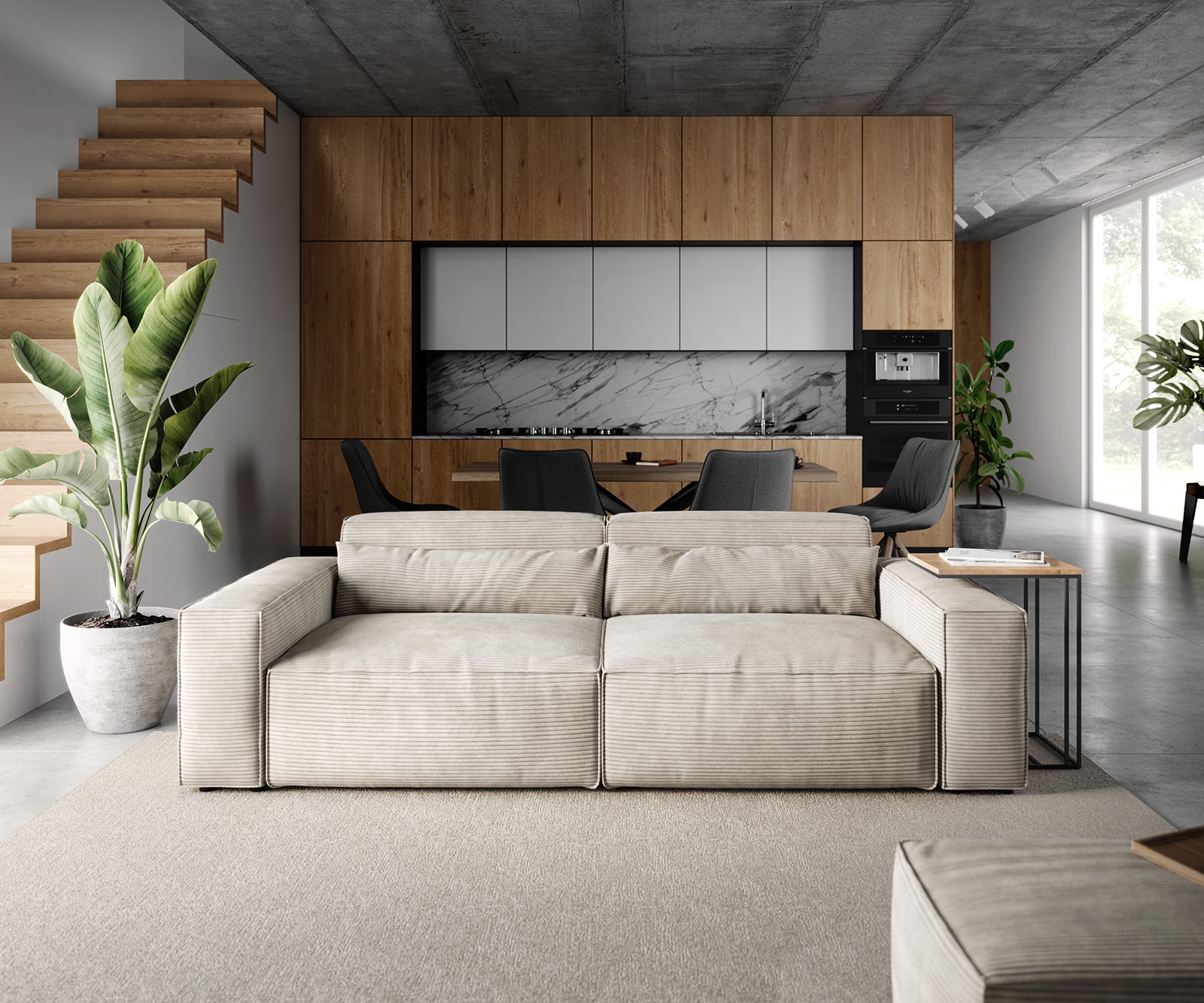 Grote bank Sirpio 230x90 cm koorduroy beige met kruk 1