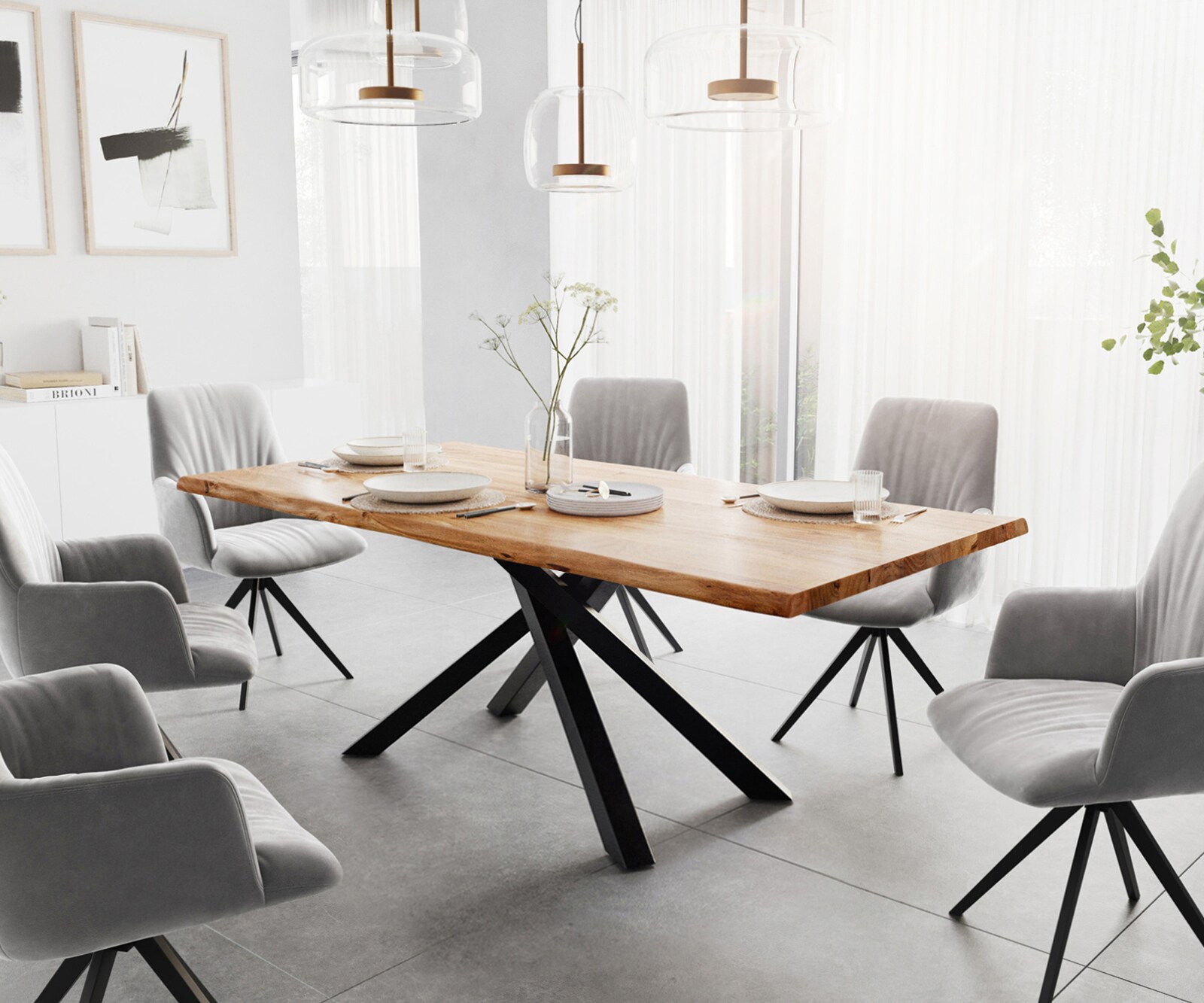 Eettafel Edge 200x100 acacia natuur kruisframe rechthoek zwart  Live-Edge