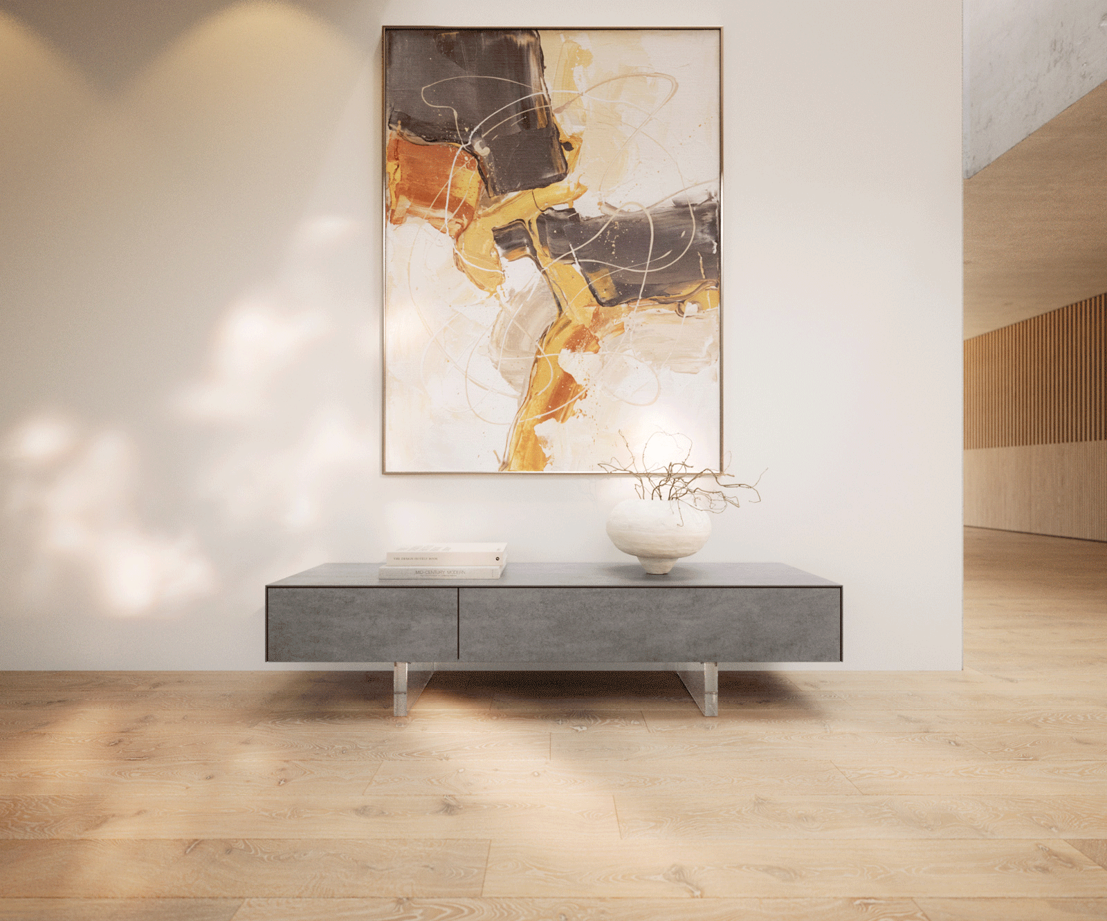 Tv-meubel Cuor 150 cm Keramiek Beton Grijs 1 Flap 1 Laden Zwevende voet look Acrylglas 2