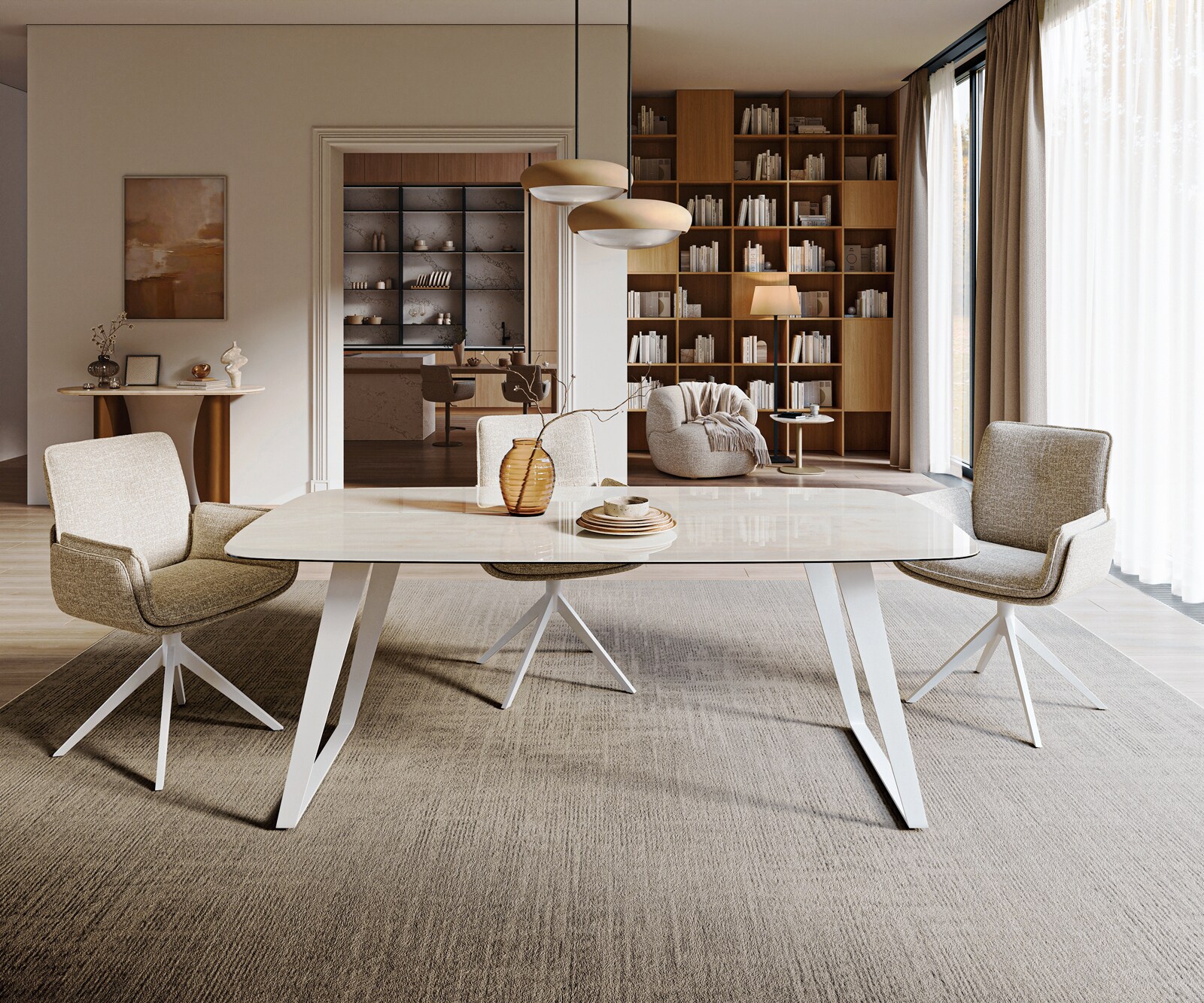 Eettafel Edge boot 200x100 cm keramiek Onyx Champagne schuin onderstel metaal wit 2