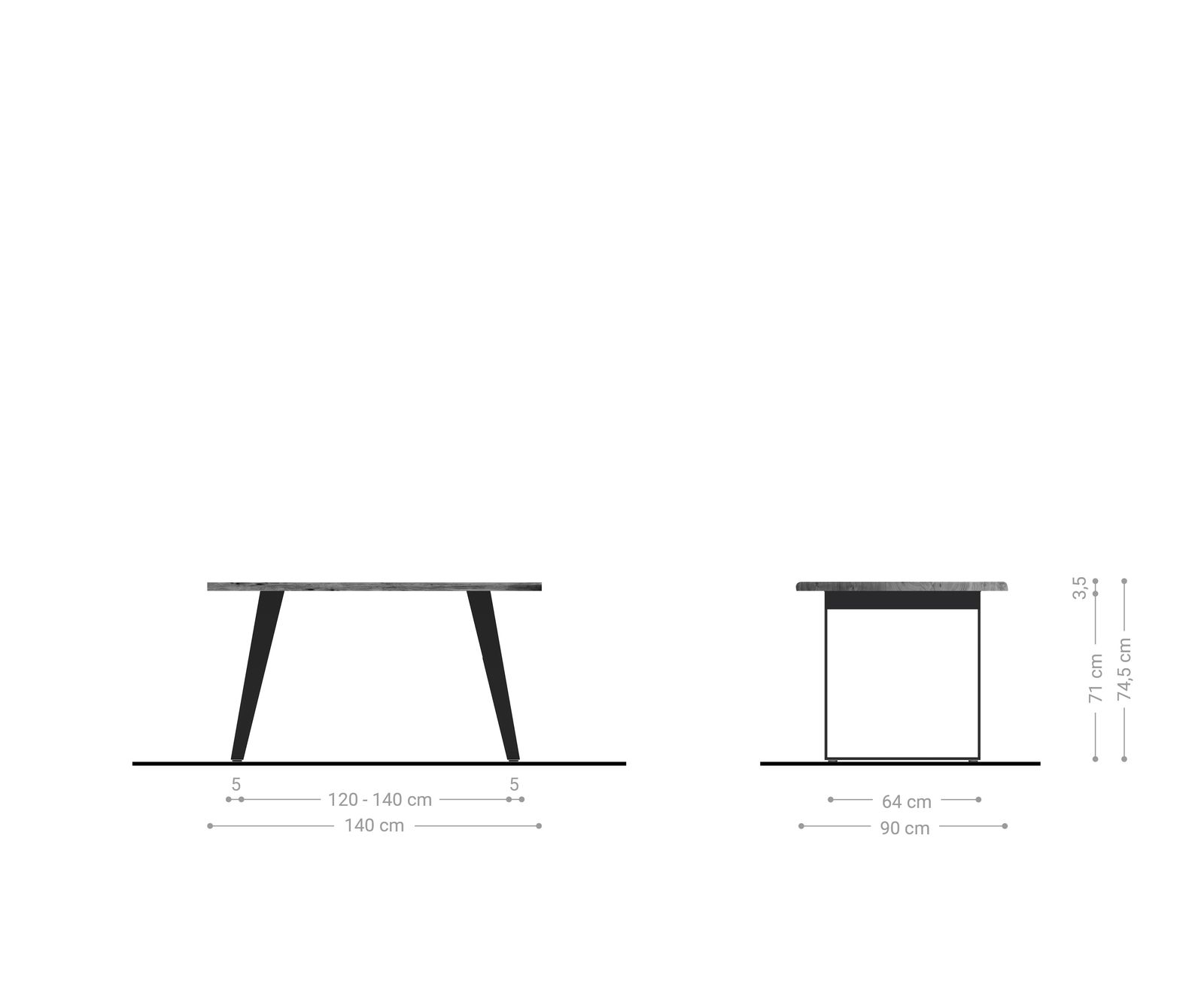 Eettafel Edge 140x90cm acacia natuur roestvrijstaal zilver schuin Live-Edge 6
