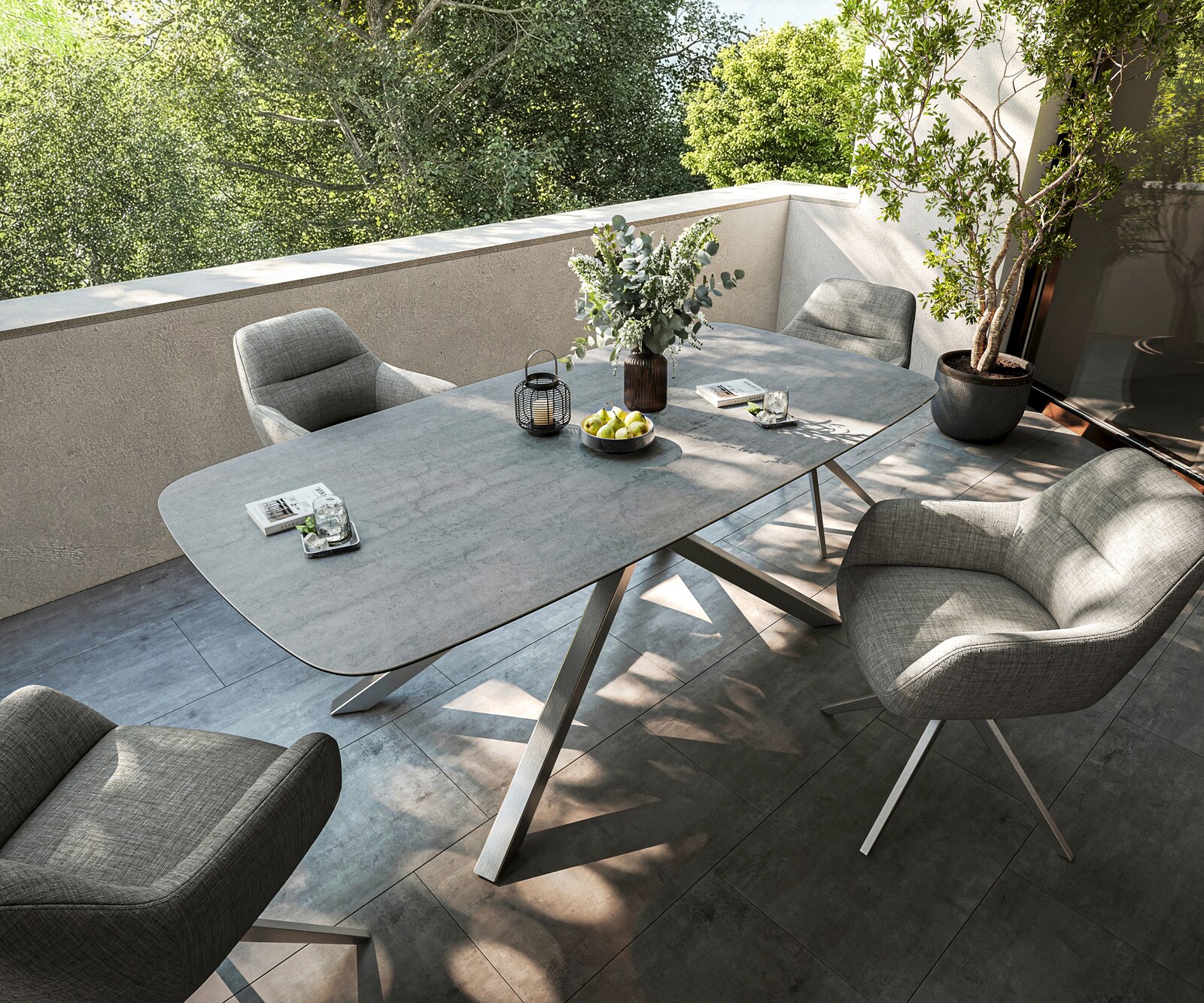 Outdoortafel Edge boot 200x100 cm keramiek beton grijs kruisframe rechthoekig roestvrij staal 3
