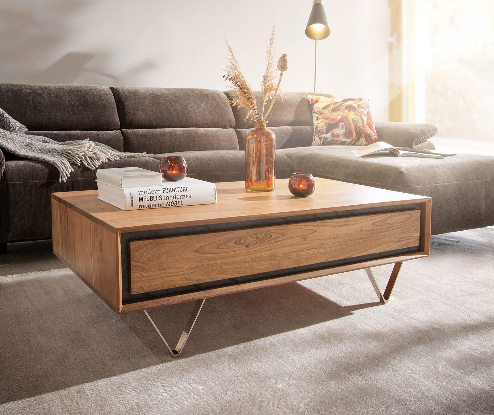 Salontafel Stonegrace 115x60 acacia natuur 2 laden steen fineer V-poot