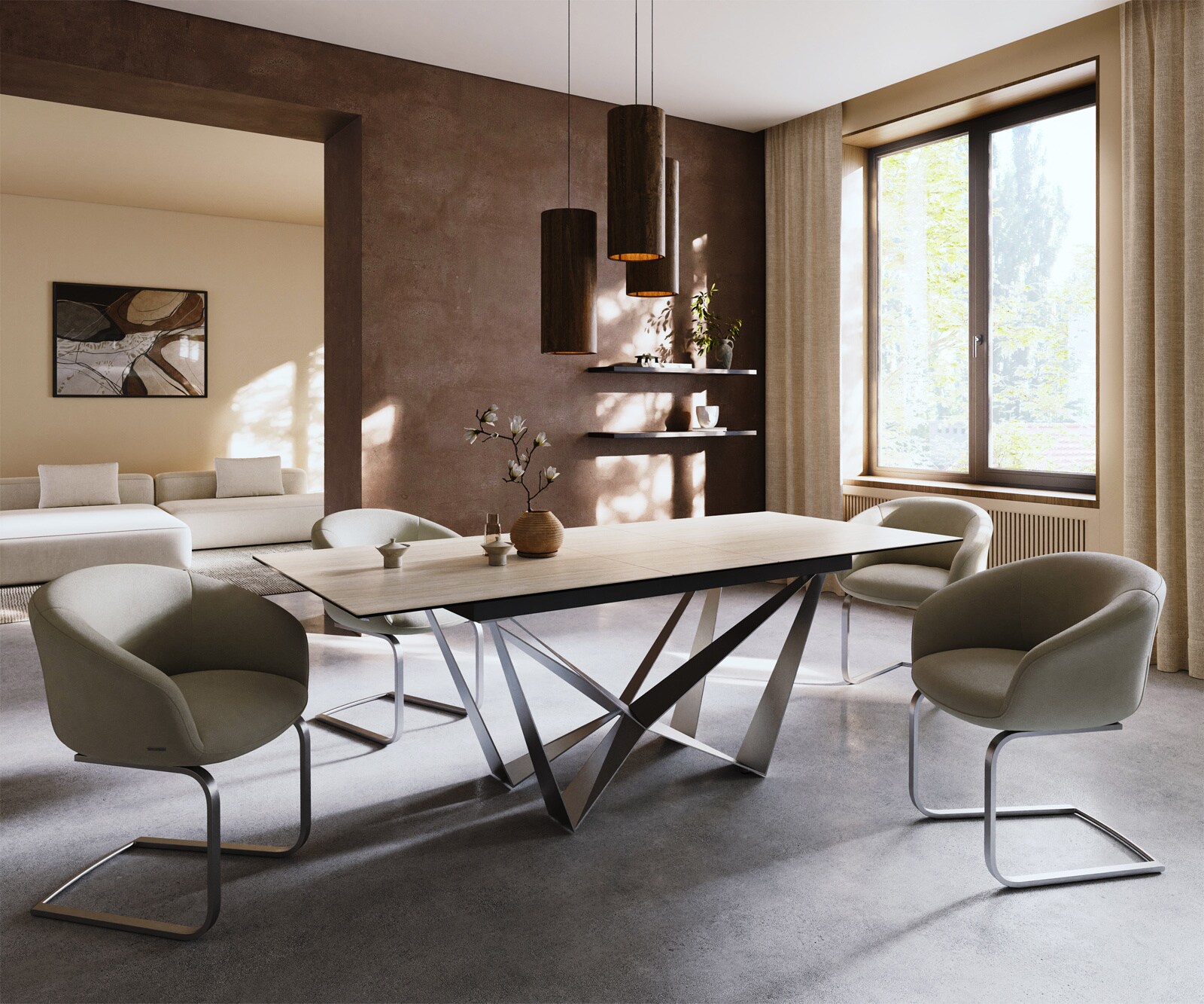 Eettafel Edge 180-220x90 keramiek  Laminam® Travertino Bianco Creme-wit Spider vlak staal RVS uitrekbaar 6