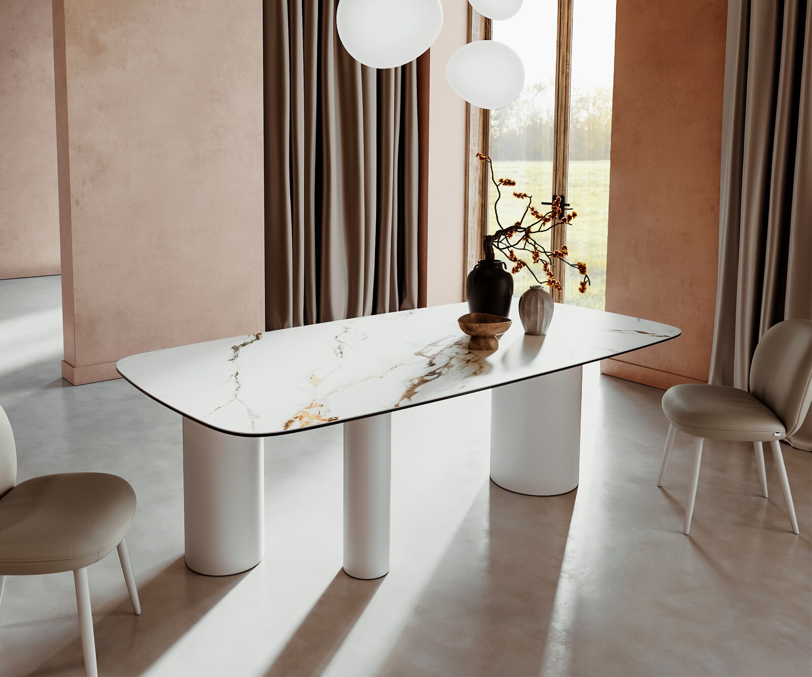 Eetkamertafel Edge Boot 240x120 keramiek Calacatta Luxe wit-Gold-grijs Troa metaal wit 1