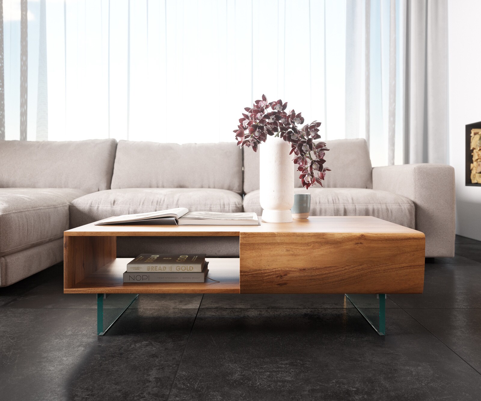 Salontafel New Live-Edge 115x60 cm acacia natuur 2 laden 1 legplank glaspoot zwevend 1