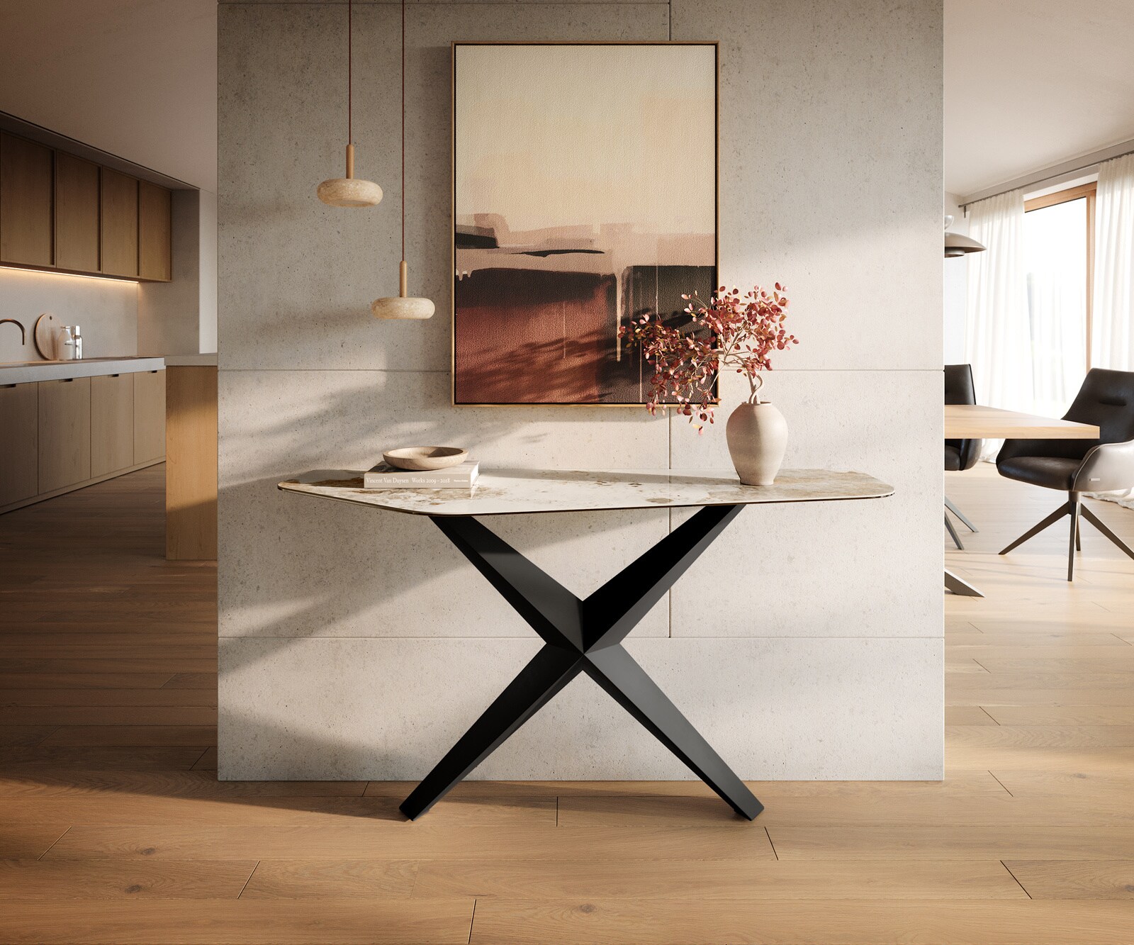 Consoletafel Edge Polygonaal 140x50 cm Keramiek Minas Melange Weiß-Beige Zentharo Metaal Zwart 4