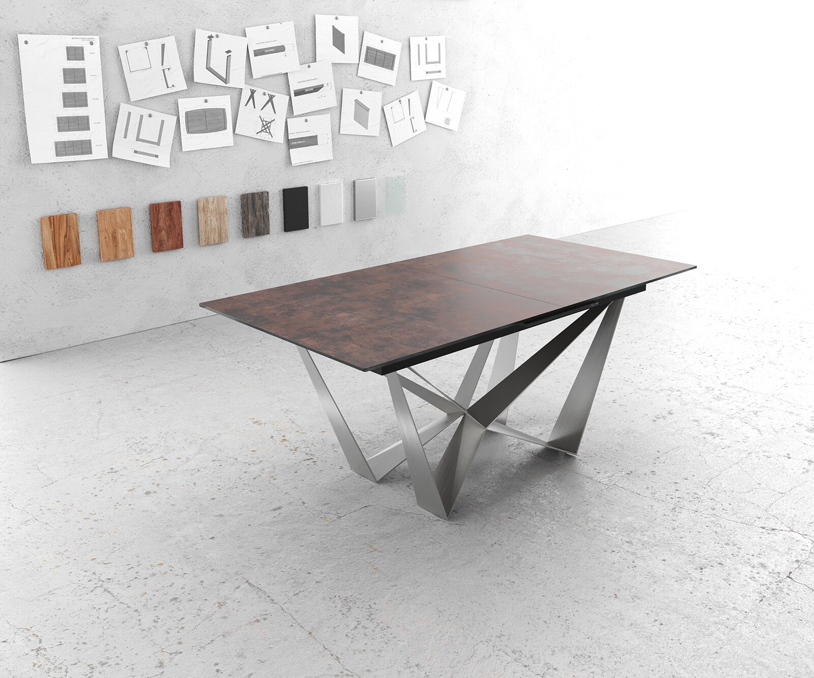 Eettafel Edge 180-220x90cm verre antiek-bruin middenpoot vlak staal zilver 1 Eettafel Edge 180-220x90cm verre antiek-bruin middenpoot vlak staal zilver 1
