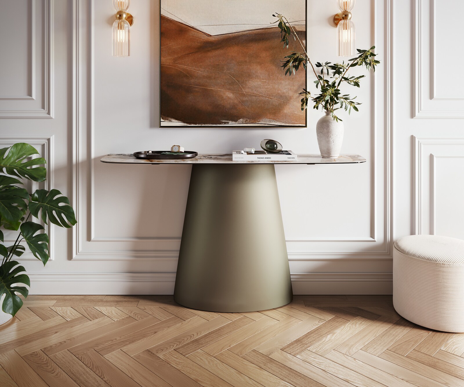 Consoletafel Edge Bootvorm 140x40 cm Keramiek Patagonia Poliert Conos Metaal Effektfinish Titan 1