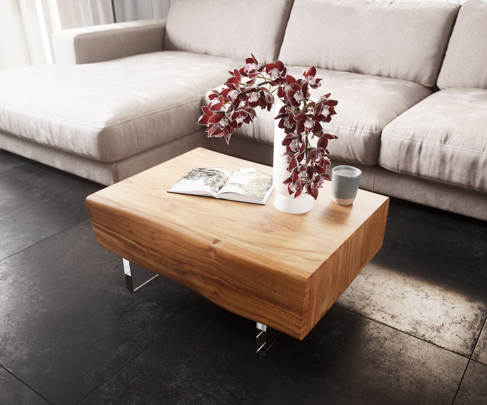 Salontafel New Live-Edge 80x60 cm acacia natuur 2 schuilfladen acrylpootjes 