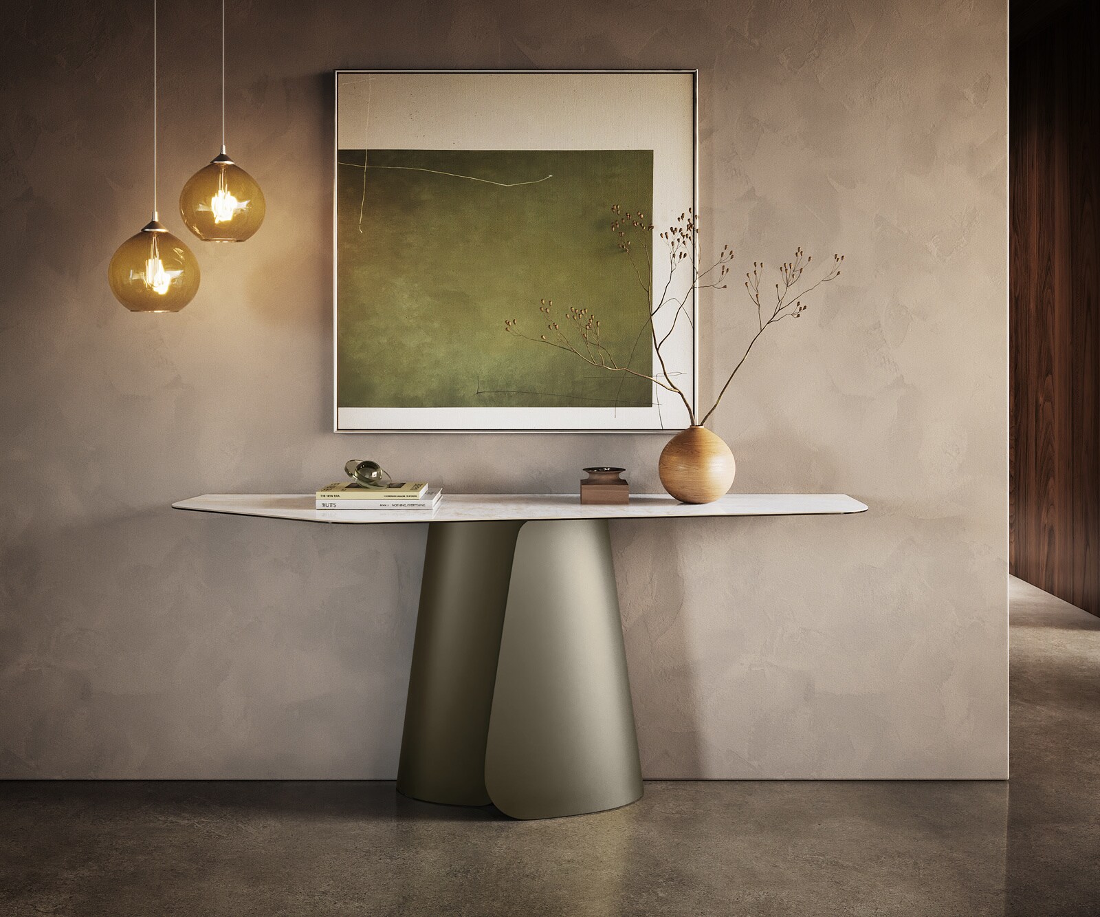 Consoletafel Edge Polygonaal 180x50 cm Keramiek Onyx Pearl Livos Metaal Effektfinish Titan 4