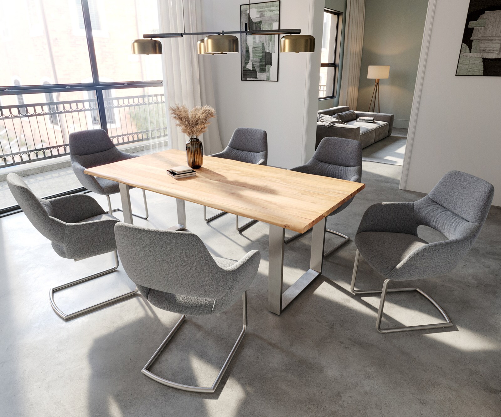 Sledemodel Yago-Flex met armleuning structuurstof lichtgrijs sledemodel rond roestvrij staal pocketveer kern 3 Sledemodel Yago-Flex met armleuning structuurstof lichtgrijs sledemodel rond roestvrij staal pocketveer kern 3