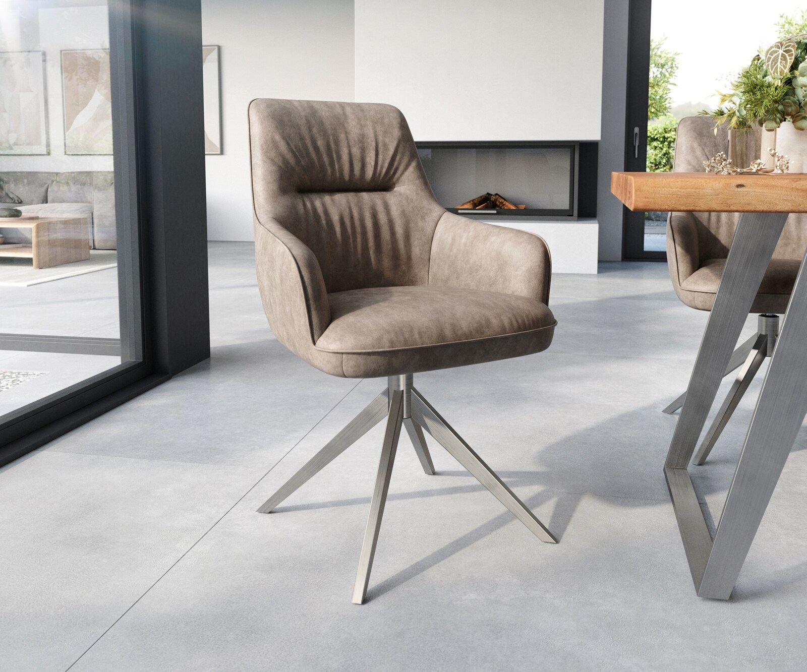 Eetkamerstoel Zelia-Flex met armleuning microvelours taupe vintage kruisframe breed roestvrij staal pocketveer kern