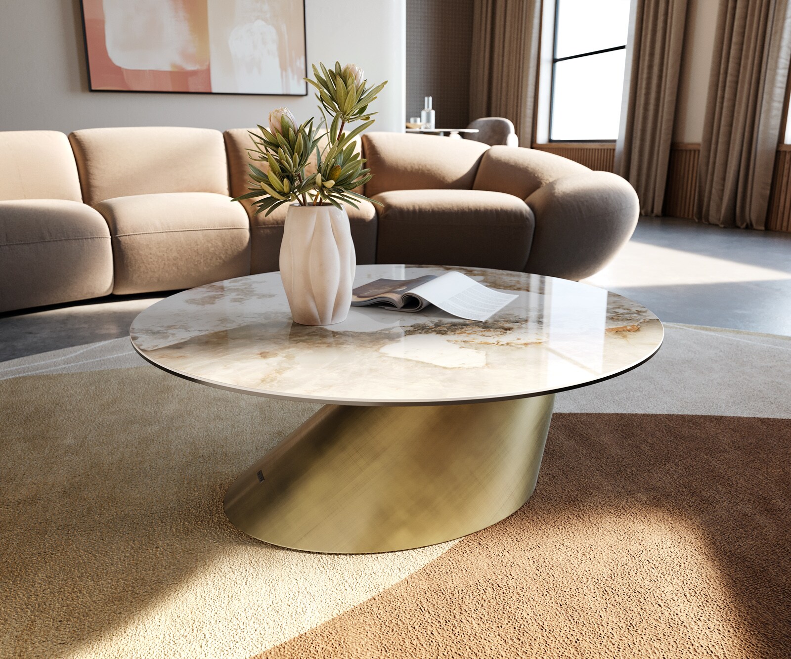 Salontafel Edge rond 90x90 cm keramiek Minas Melange Conis metallic goud 1