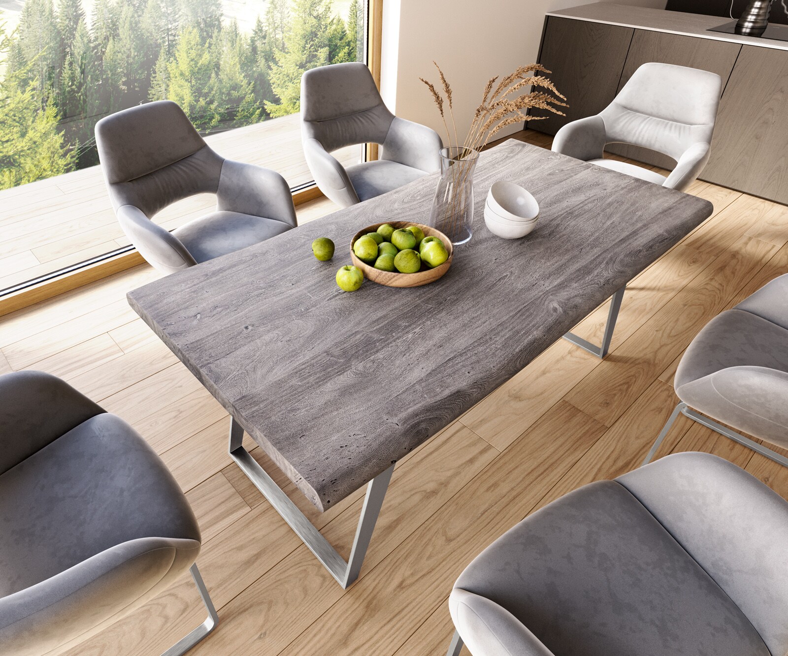 Eettafel Edge 180x90 XL acacia platina metaal schuin Live-Edge 5
