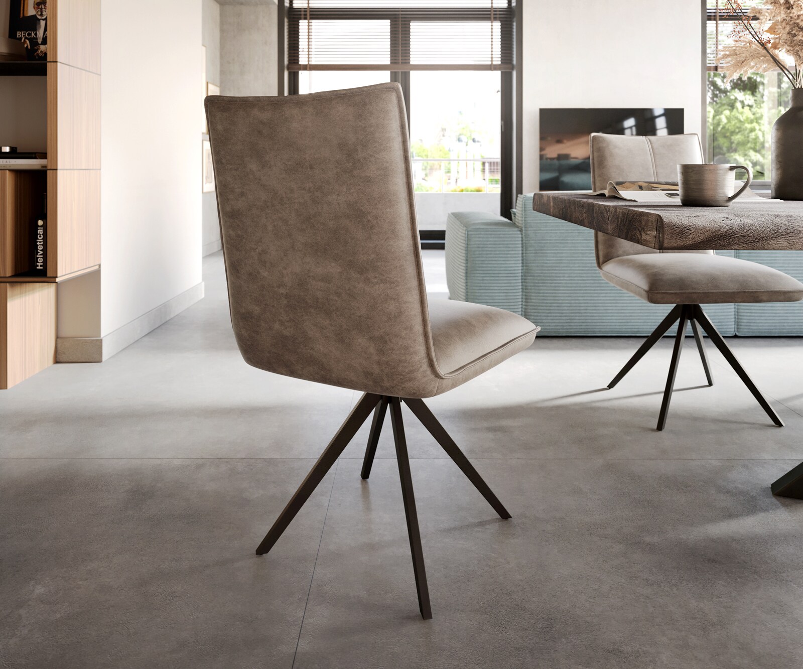 Eetkamerstoel Lelio-Flex microvelours taupe vintage kruisframe breed zwart pocketveer kern 4 Eetkamerstoel Lelio-Flex microvelours taupe vintage kruisframe breed zwart pocketveer kern 4