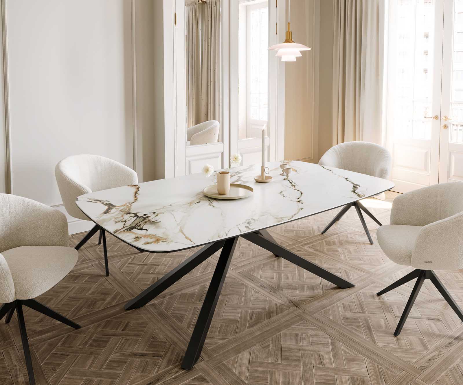 Eetkamertafel Edge Boot 200x100 keramiek Calacatta Luxe wit-goud-grijs kruisframe rechthoek zwart