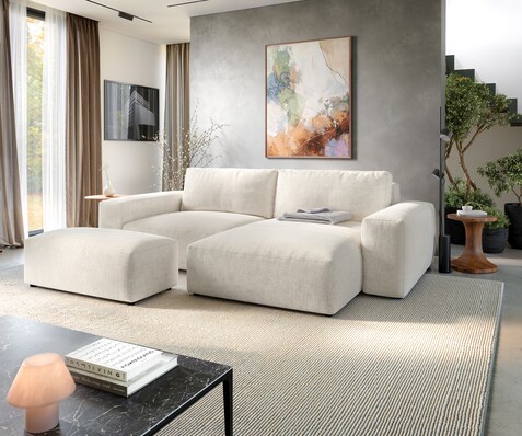 Hoekbank Lanzo XL 270x180 cm Zachte structuurstof Beige Chaise longue variabel met hocker