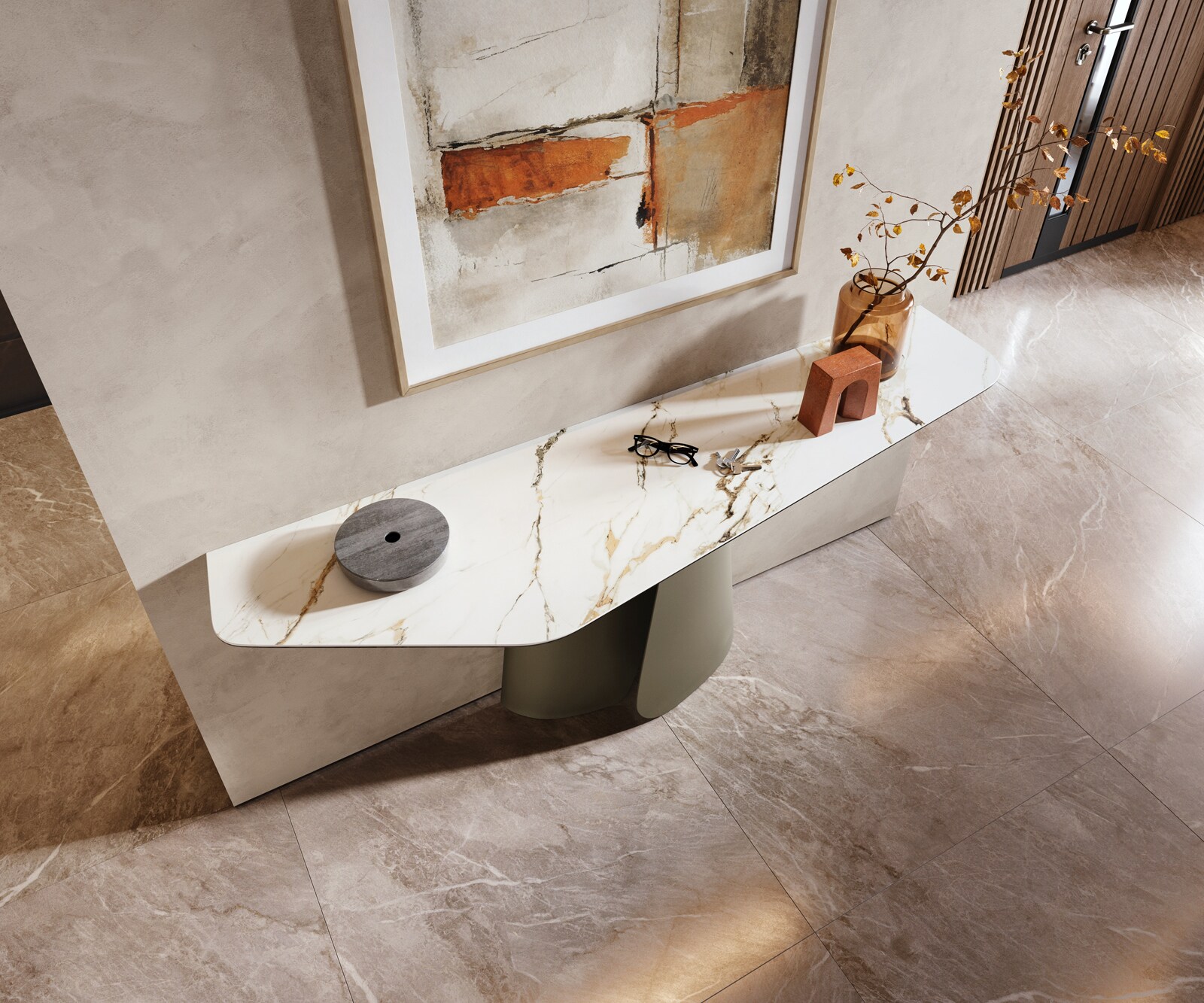 Consoletafel Edge Polygonaal 180x50 cm Keramiek Calacatta Luxe Weiß-Gold-Grijs Livos Metaal Effektfinish Titan 2