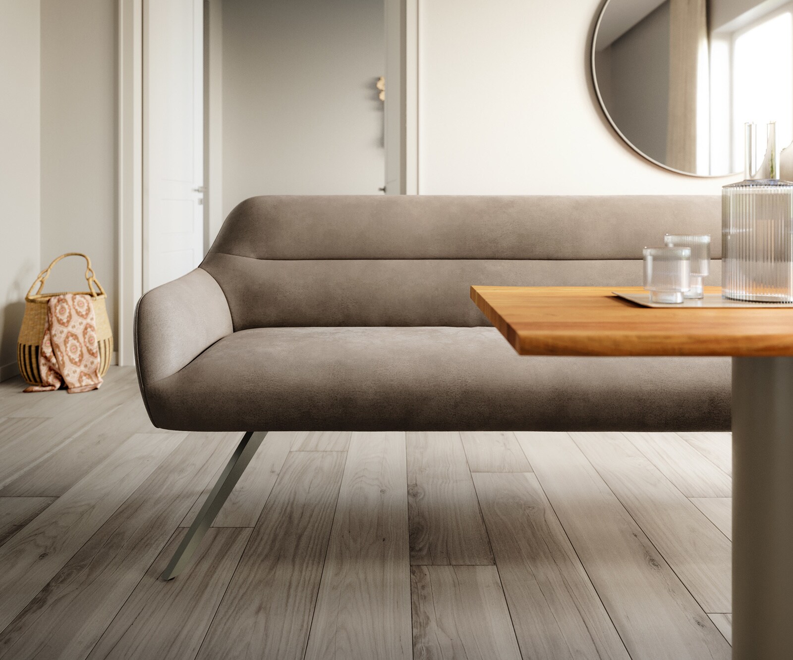 Eetkamerbank Taya-Flex 200 cm microvelours taupe vintage hoekig kruisframe afwerking met titaniumeffect pocketvering 1