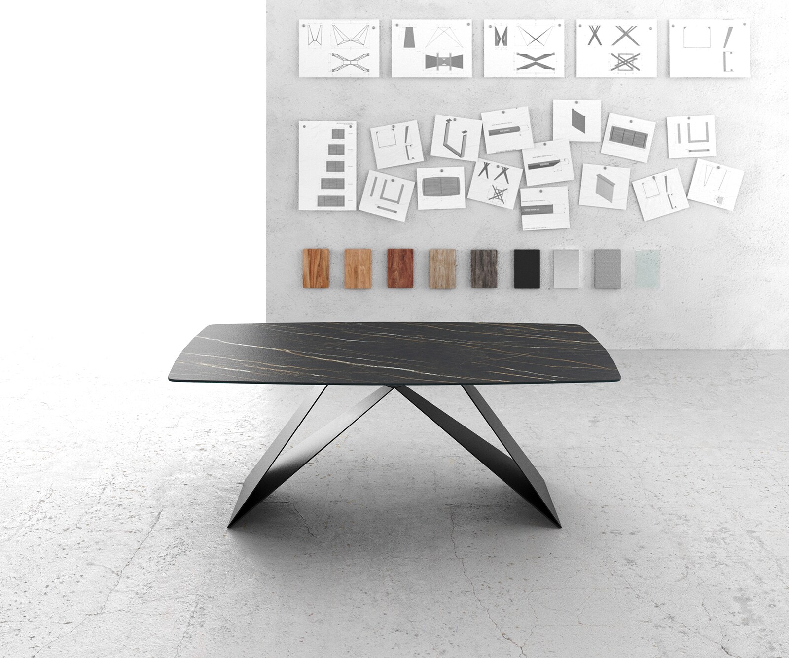 Eettafel Edge Bootsform 200x100cm Laminam® keramiek bruin V-middenpoot zwart 2