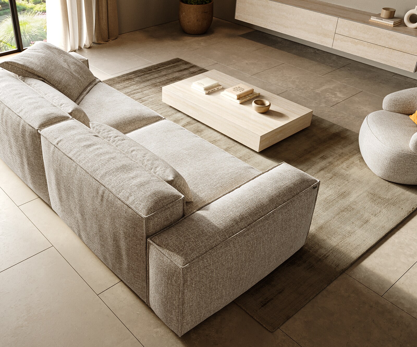 Bigsofa Freestyle 280x110 cm Zachte Geweven stof Beige kedernaad 3