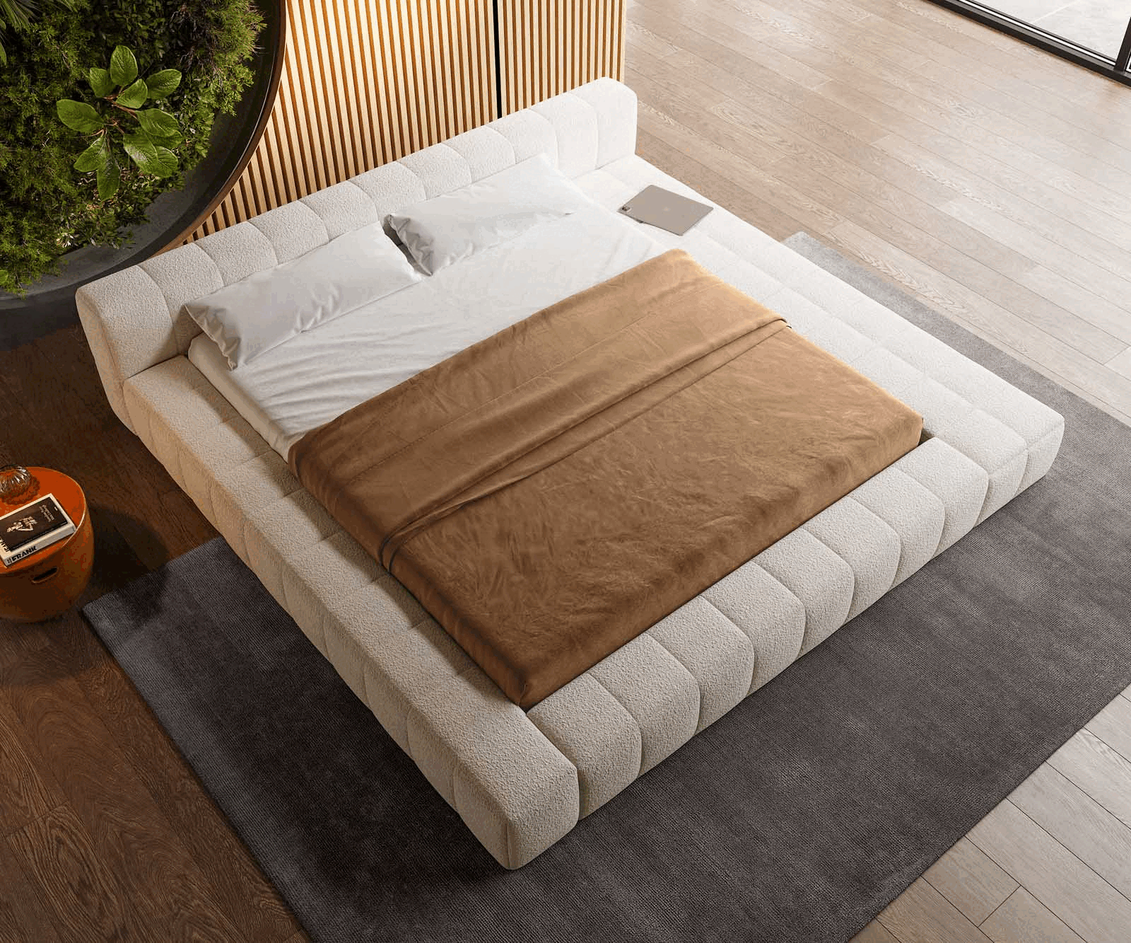 Gestoffeerd-bed Espazio 180x200 cm Bouclé crème-wit met opbergruimte 4