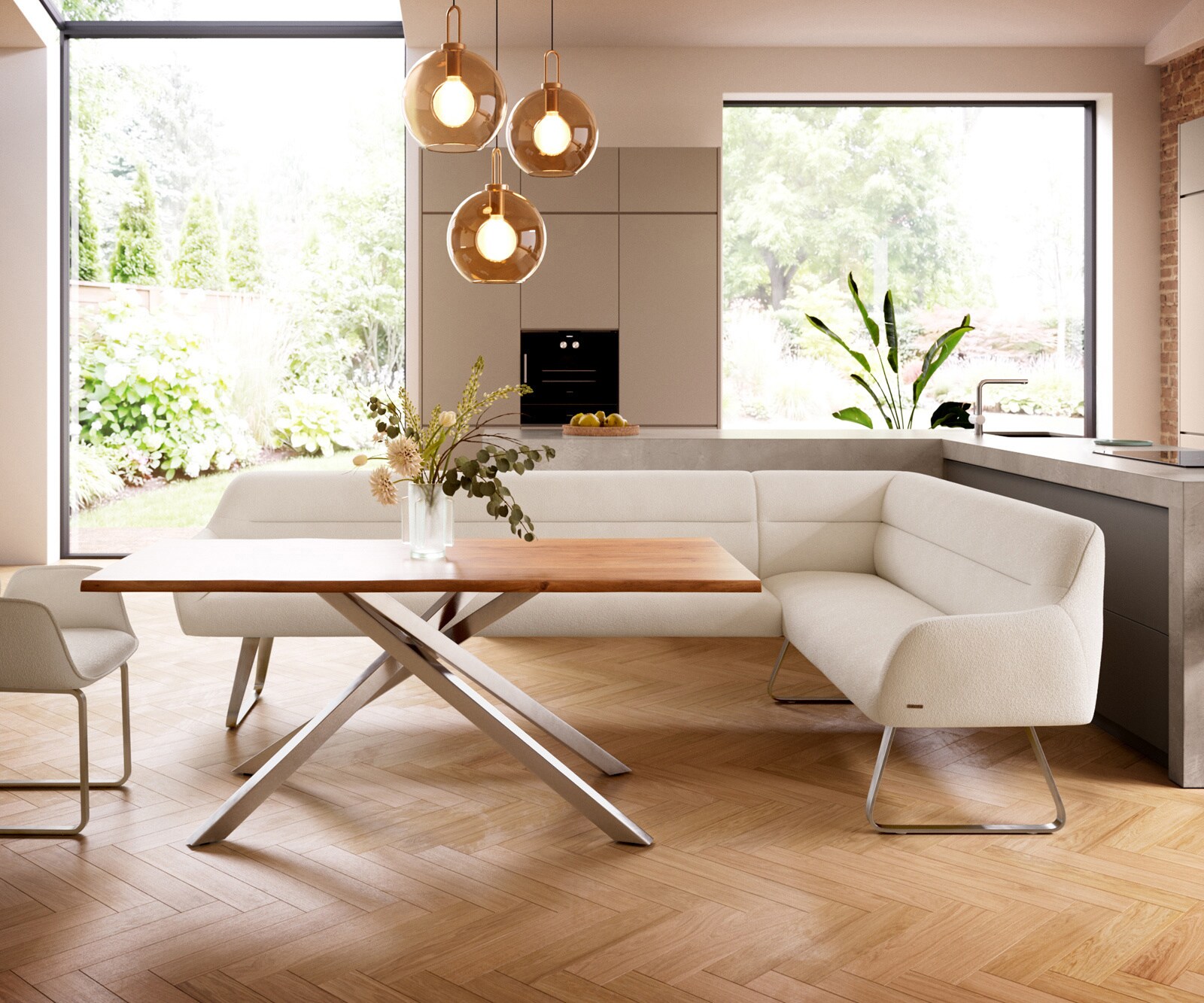 Eetkamerbank Taya-Flex 285x190 cm bouclé crème-wit platte sledebasis roestvrij staal pocketvering links 2