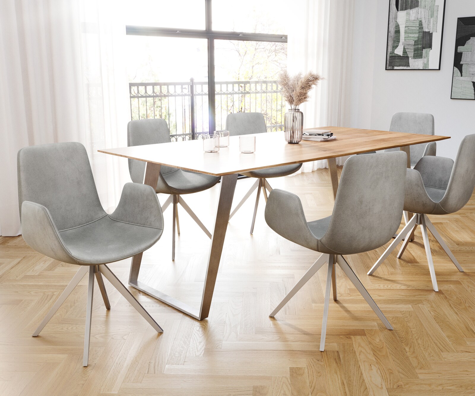 Eetkamerstoel Ilia-Flex met armleuning fluweel grijs kruisframe hoekig roestvrij staal 3 Eetkamerstoel Ilia-Flex met armleuning fluweel grijs kruisframe hoekig roestvrij staal 3