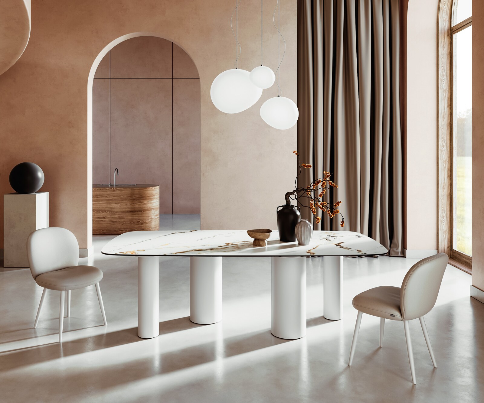 Eetkamertafel Edge Boot 240x120 keramiek Calacatta Luxe wit-Gold-grijs Pilier metaal wit
