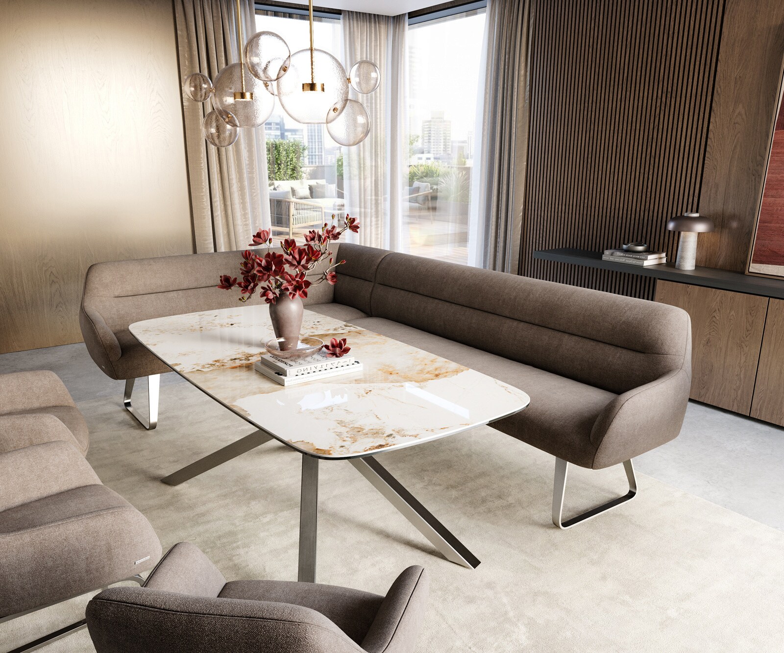 Eetkamerbank Taya-Flex 285x190 cm zachte stof met structuur taupe platte sledebasis roestvrij staal pocketvering links