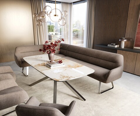 Eetkamerbank Taya-Flex 285x190 cm zachte stof met structuur taupe platte sledebasis roestvrij staal pocketvering links