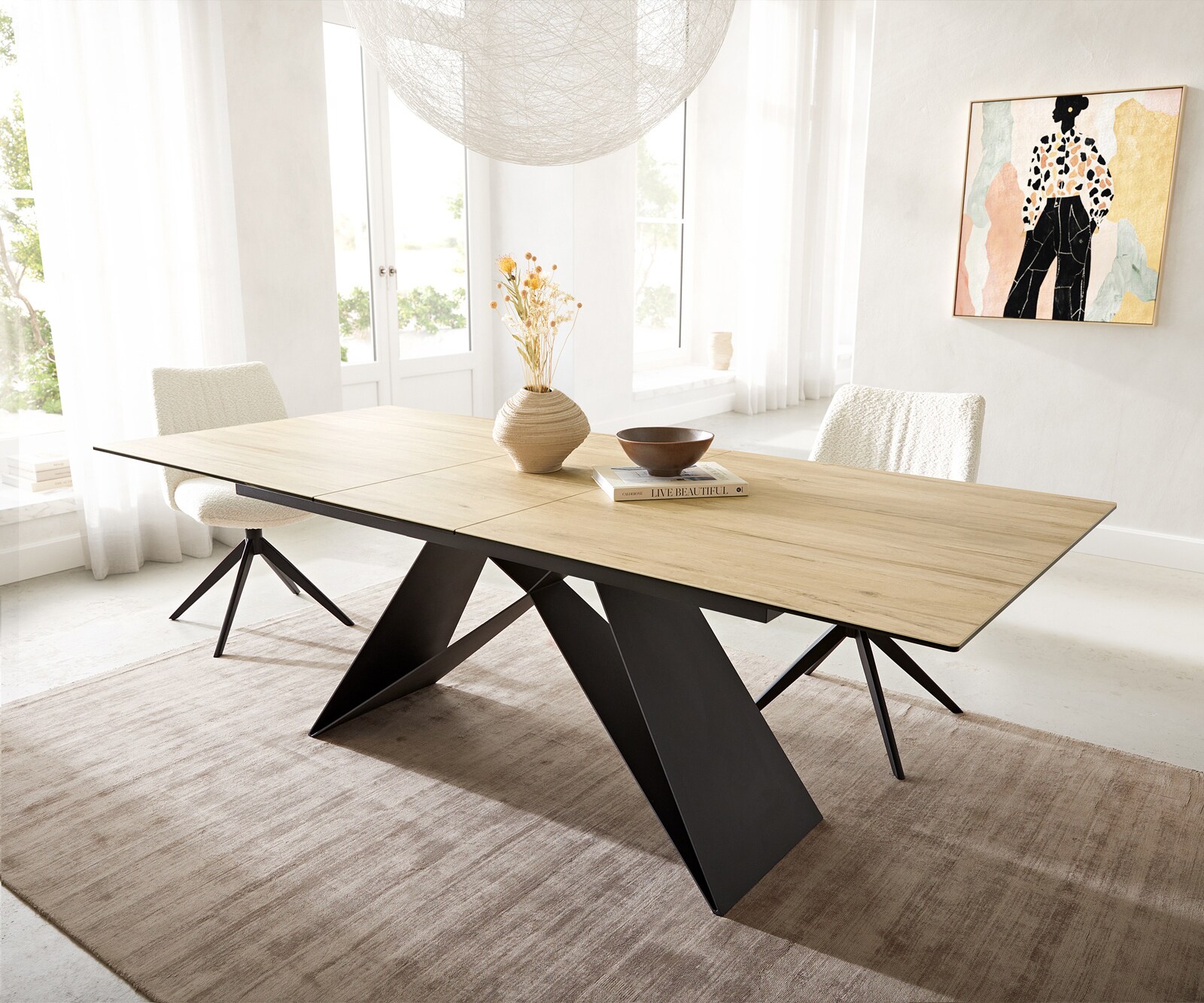 Eetkamertafel Edge 180-220x100 keramiek Laminam® Sabbia eiken kleur V-frame vlak staal zwart uitschuifbaar 1
