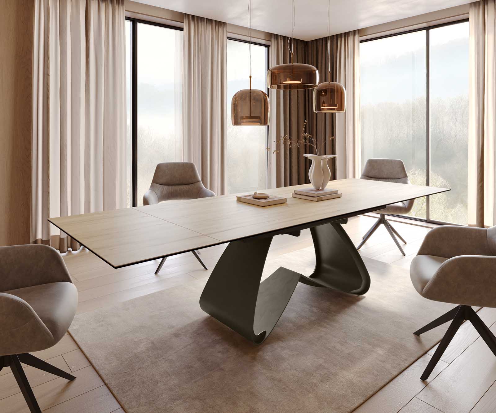 Eettafel Edge 200-300x100 Keramiek Laminam® Sabbia Eikenkleur W-vorm Effectafwerking Titanium Uitschuifbaar Eettafel Edge 200-300x100 Keramiek Laminam® Sabbia Eikenkleur W-vorm Effectafwerking Titanium Uitschuifbaar