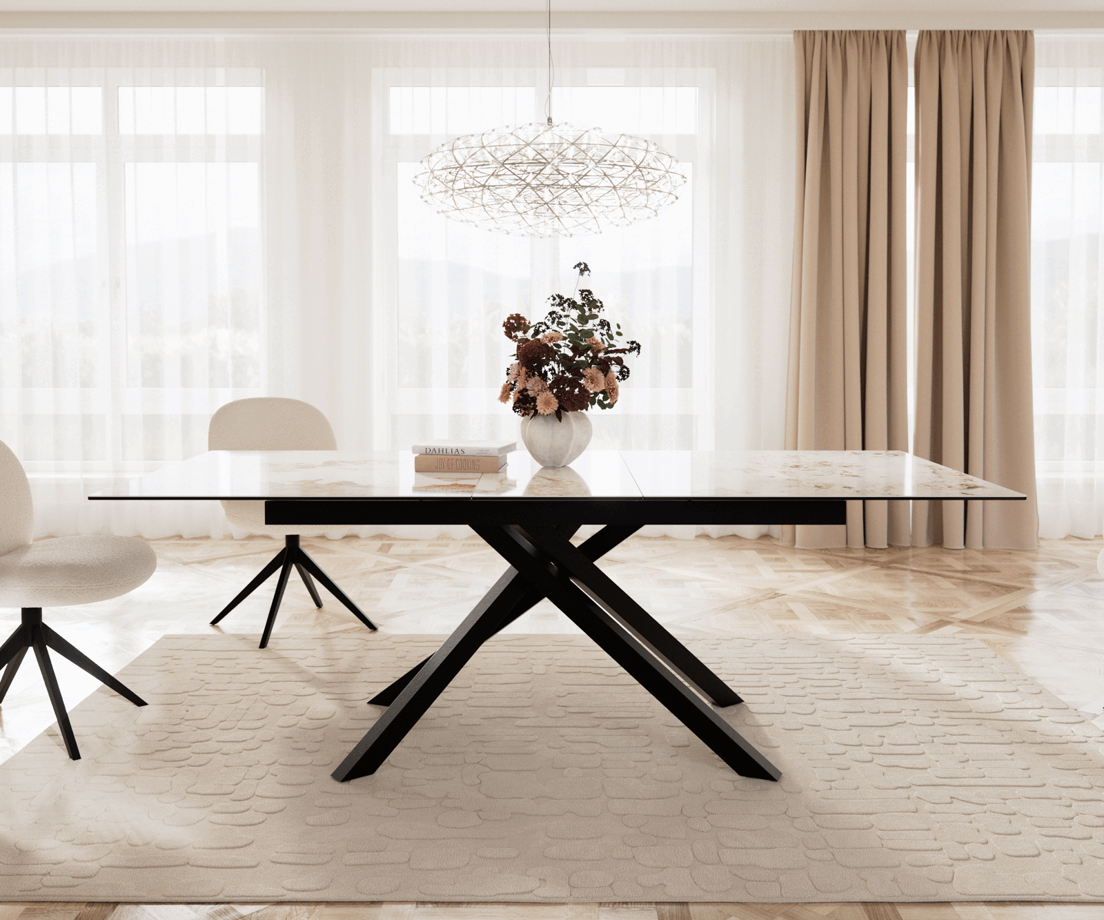 Eetkamertafel Edge 180-220x100 keramiek Minas Melange wit-beige kruisframe rechthoek zwart uitschuifbaar 1
