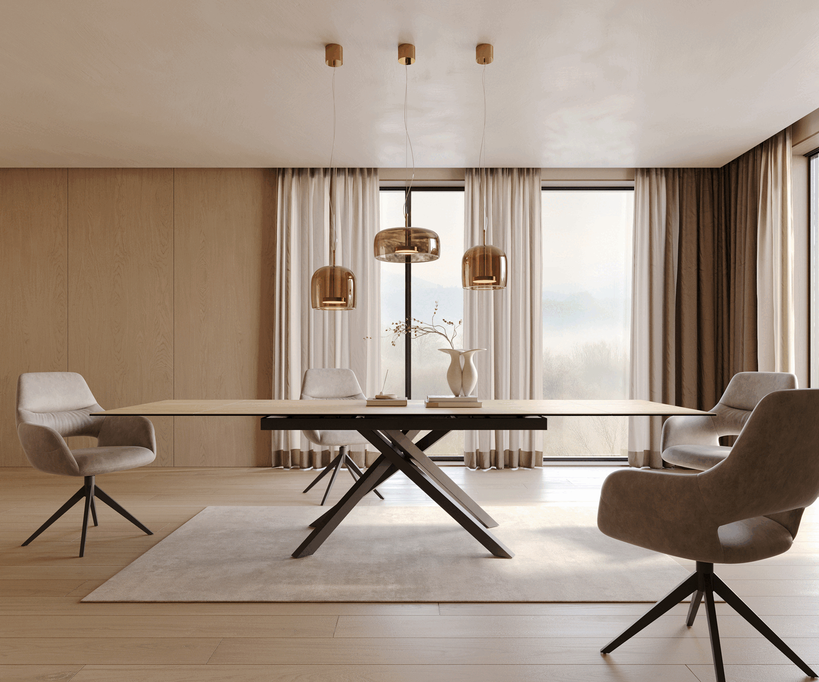 Eetkamertafel Edge 200-300x100 keramiek Laminam® Sabbia eiken kleur kruisframe rechthoek zwart uitschuifbaar 1