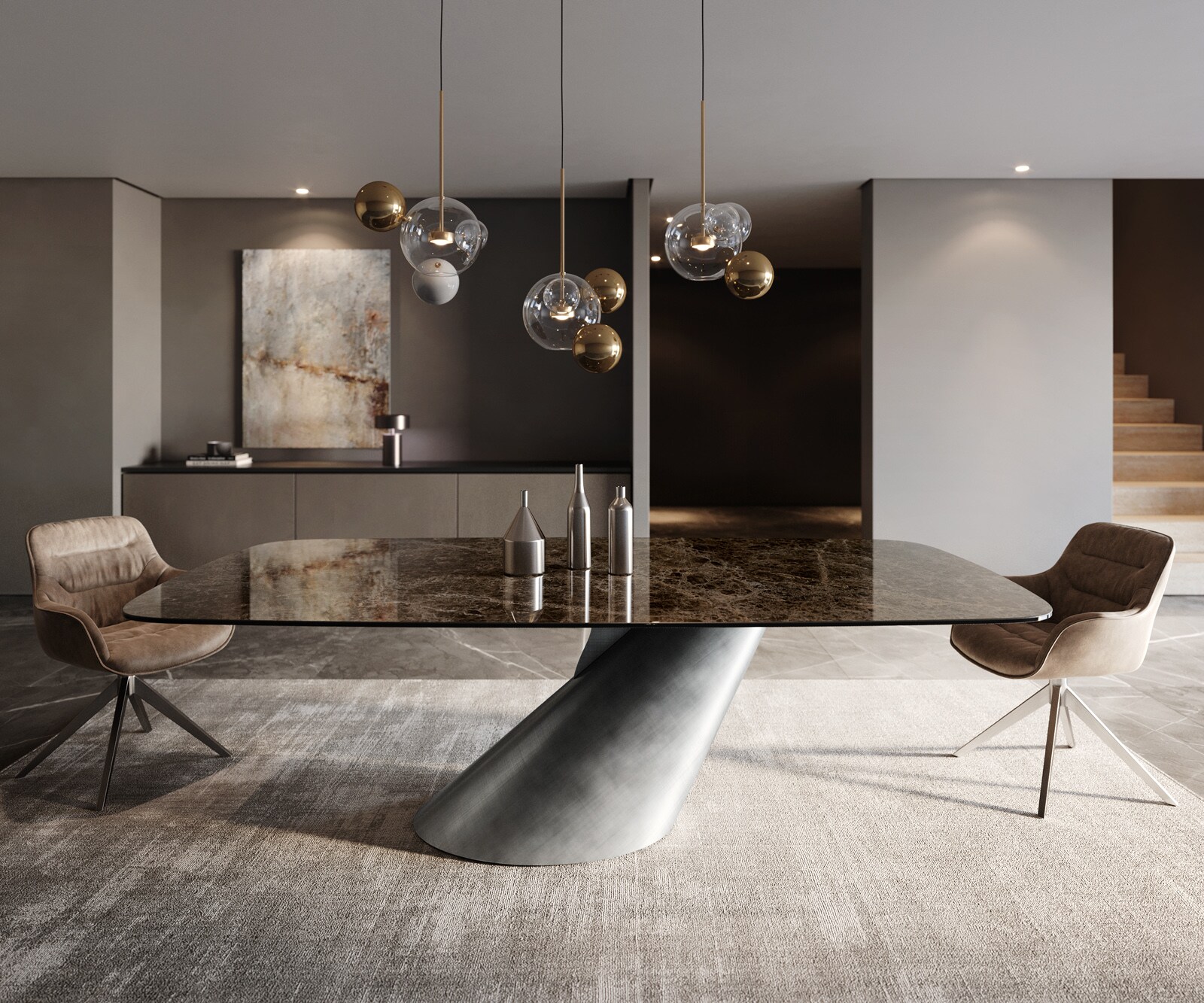 Eettafel Edge Boot 240x120 keramiek  Laminam® Emperador Extra Lucidato donkerbruin Cono metaal zilver 2