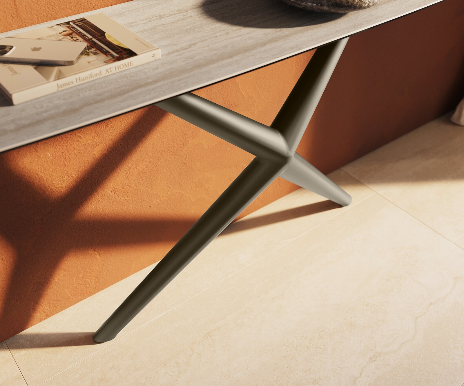 Consoletafel Edge Bootvorm 180x40 cm Keramiek Laminam® Travertino Bianco Creme-Weiß Estelo Metaal Effektfinish Titan 6