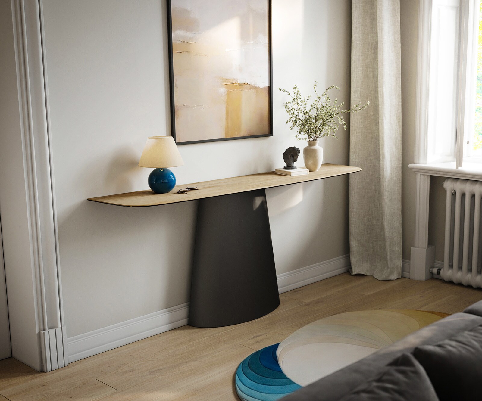 Consoletafel Edge Bootvorm 180x40 cm Keramiek Laminam® Sabbia Eichefarbig Conos Metaal Zwart 1