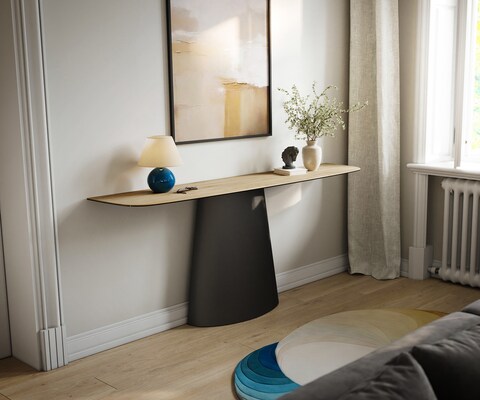 Consoletafel Edge Bootvorm 180x40 cm Keramiek Laminam® Sabbia Eichefarbig Conos Metaal Zwart