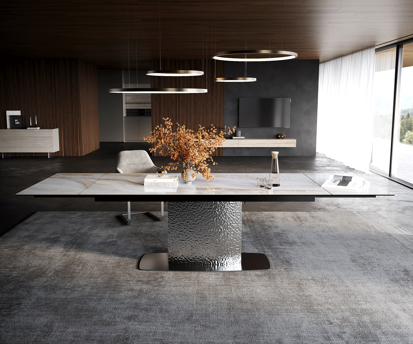 Eettafel Edge 200-300x100 cm keramiek Onyx Pearl Wave roestvrij staal uittrekbaar 2