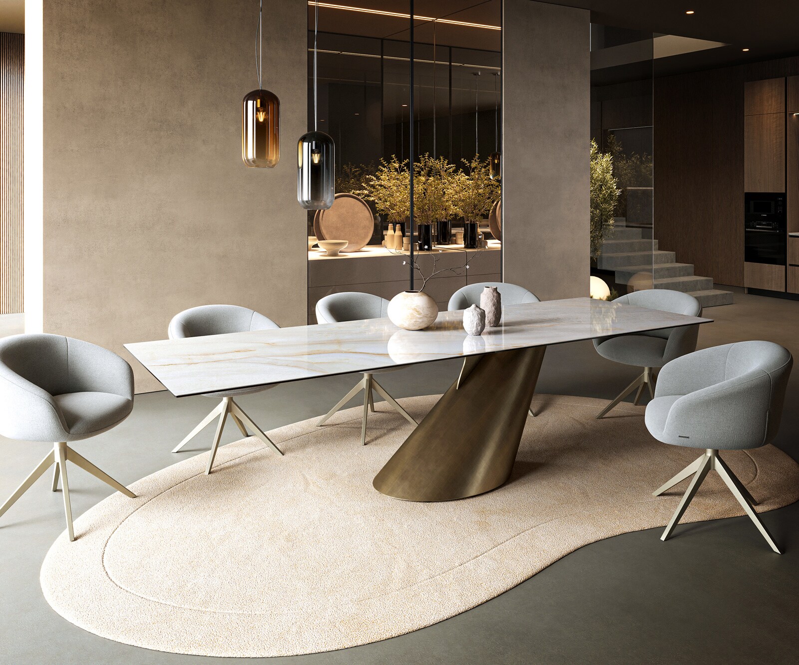 Eettafel Edge 300x100 cm keramiek Onyx Pearl Cono metallic goud 7