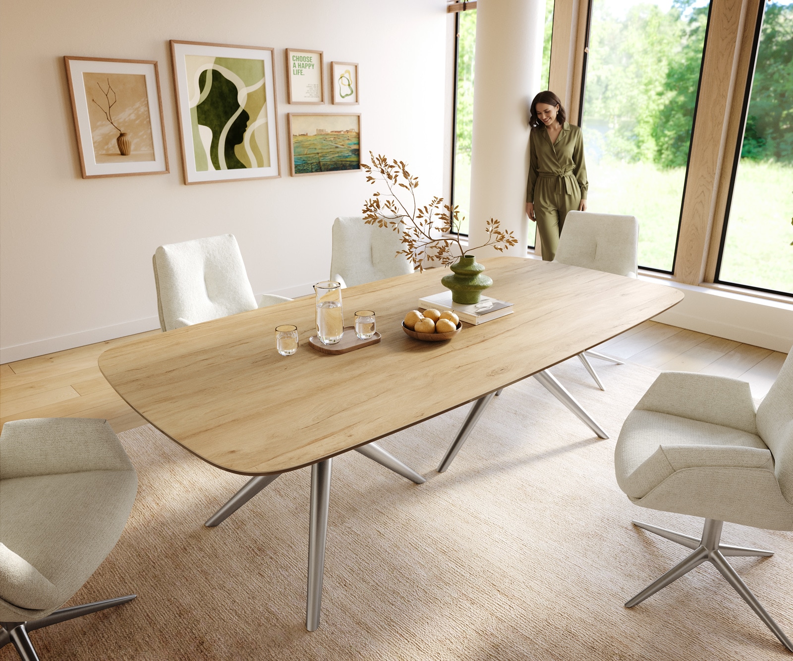Eettafel Edge Boot 240x120 cm Keramiek Laminam® Sabbia Eichefarbig Estelar rond Roestvrij staal