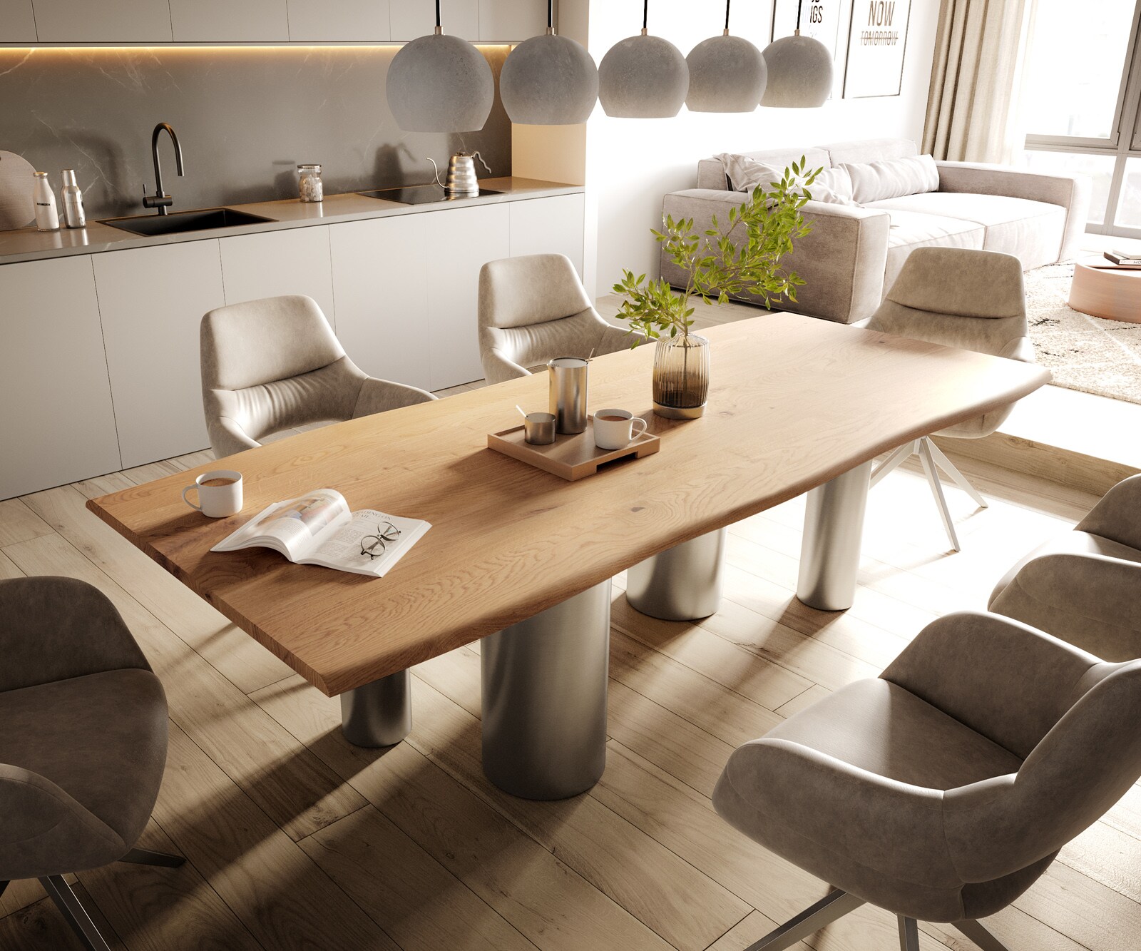 Eetkamertafel Edge 260x100x2,5-3 eiken natuurPilier roestvrij staal geborsteld Live-Edge 1