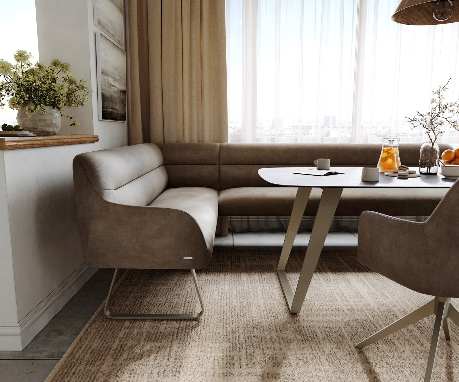 Eetkamerbank Taya-Flex 285x190 cm microvelours taupe vintage platte sledebasis afwerking met titaniumeffect pocketvering rechts 5